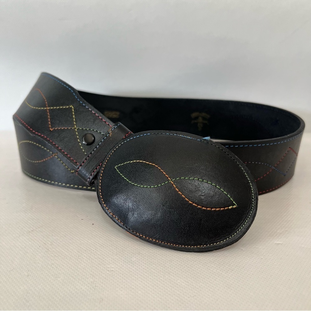 Vintage Black Leather Latitan Rainbow Stitch Belt